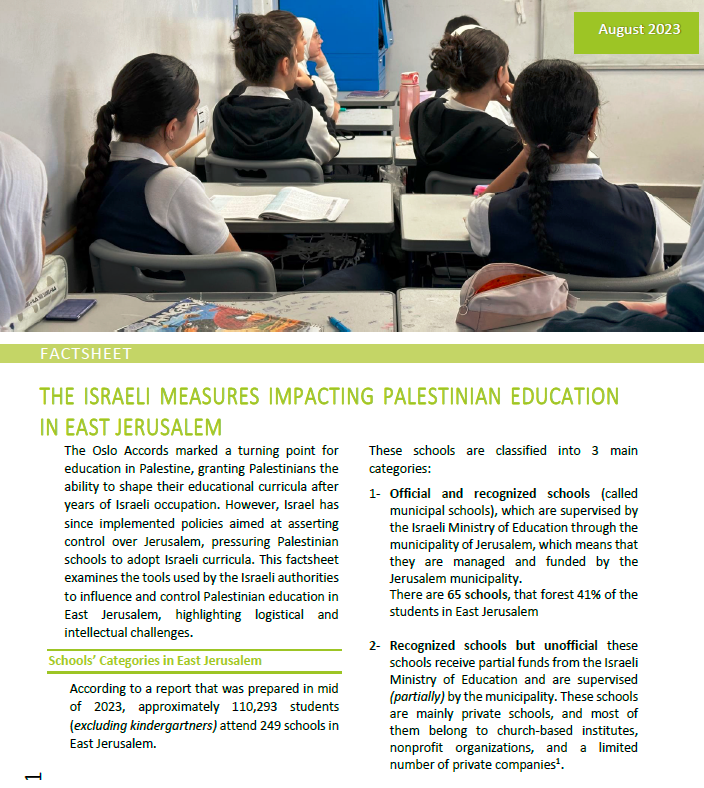 THE ISRAELI MEASURES IMPACTING PALESTINIAN EDUCATION IN EAST JERUSALEM